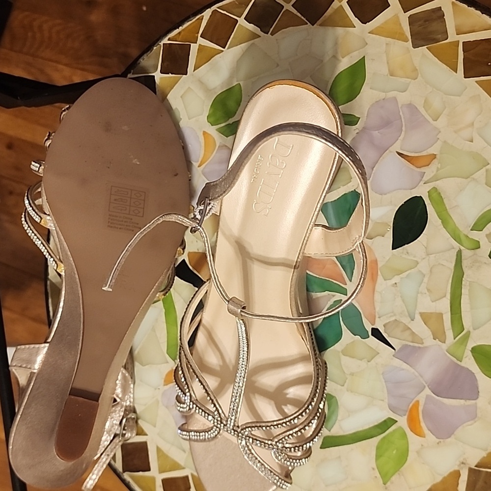 David's Bridal Tan Wedge Sandals Strappy Design View 3